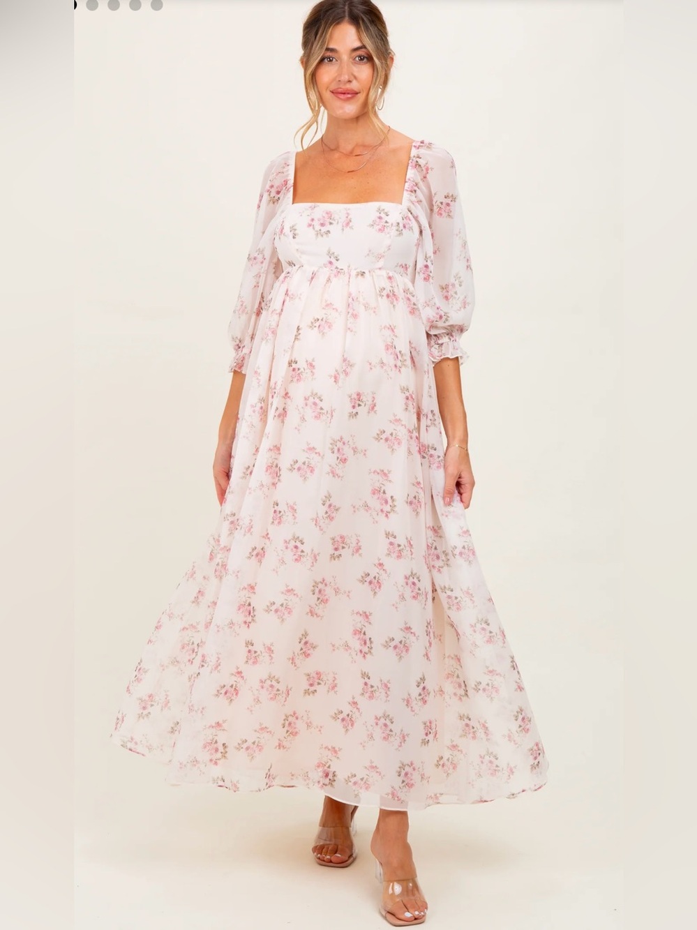 STORIA Light Pink Floral Chiffon Long Sleeve Maternity Maxi Dress